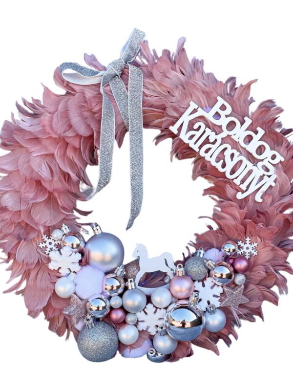 Púderrózsaszín tollas kopogtató, ajtódísz